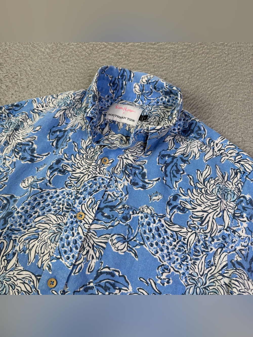 Lilly Pulitzer x Southern Tide Shirt Mens Small Blue Floral Button Linen Blend